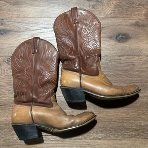 Vintage Justin Tan and Brown Leather Western Cowboy Boots Mens 8.5D Made in USA